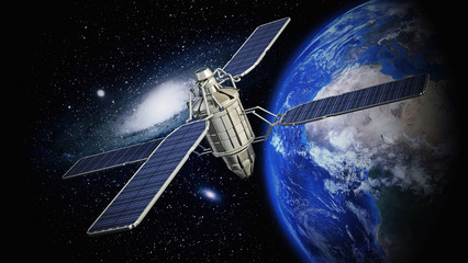 Obraz na płótnie Canvas Communication satellite orbiting earth. 3D illustration