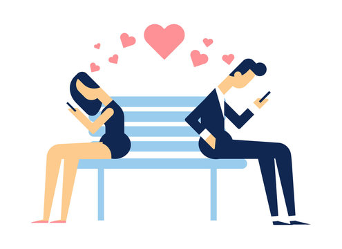 Couple in love siiting on the bench in park. Valentine's day illustration. Send or receive love sms, letter, email with mobile phone. Flat design, vector icon.