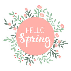 Circle Frame with Text Hello Spring and Flowers. © demonova