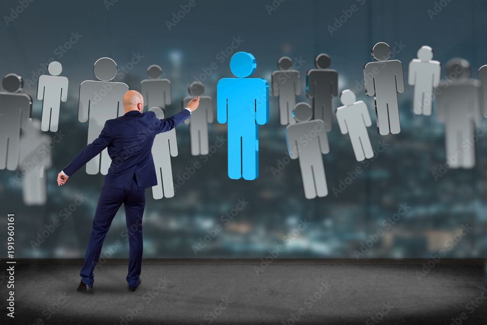 Poster businessman in front of a wall with network connection people linked each other - 3d rendering