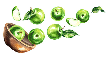 Bowl with green apples. Hand drawn horizontal watercolor illustration