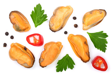 mussels with parsley and peppercorns isolated on white background. Top view. Flat lay