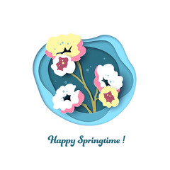 Multi layered paper cut effect spring blossom illustration. Birthday, Mother's day greeting card with flowers. Creative 3d background, invitation.