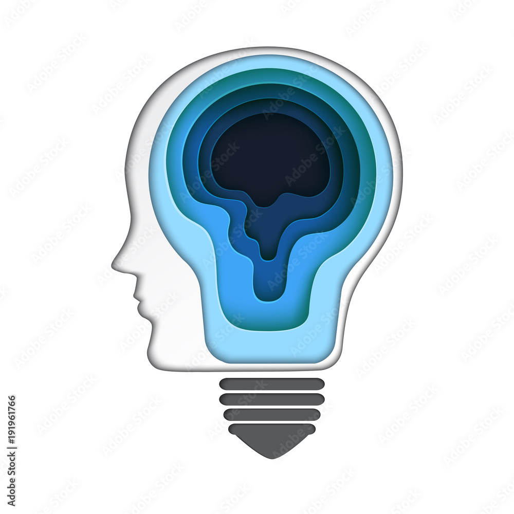 Poster brain thinking business creative idea concept.paper carve of human head with getting idea from light