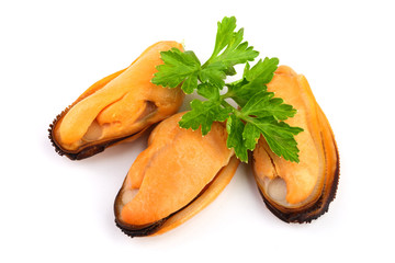 three mussel with parsley leaf isolated on white background