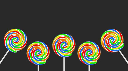Fototapeta na wymiar Five colorful lollipops on grey background copy space