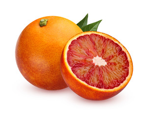One whole red blood oranges and half isolated on white background