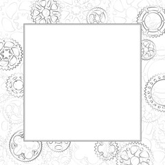 Decorative elegant border with black line gears and cogs. Blank space in center for photo, text label or menu. Square vector vintage frame with cogwheels ornament on white background.