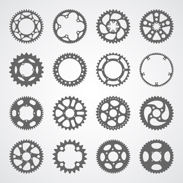 Gear icon set. 16 vector cog wheel silhouettes isolated on white background. Gears collection for logo, app buttons or infographic.