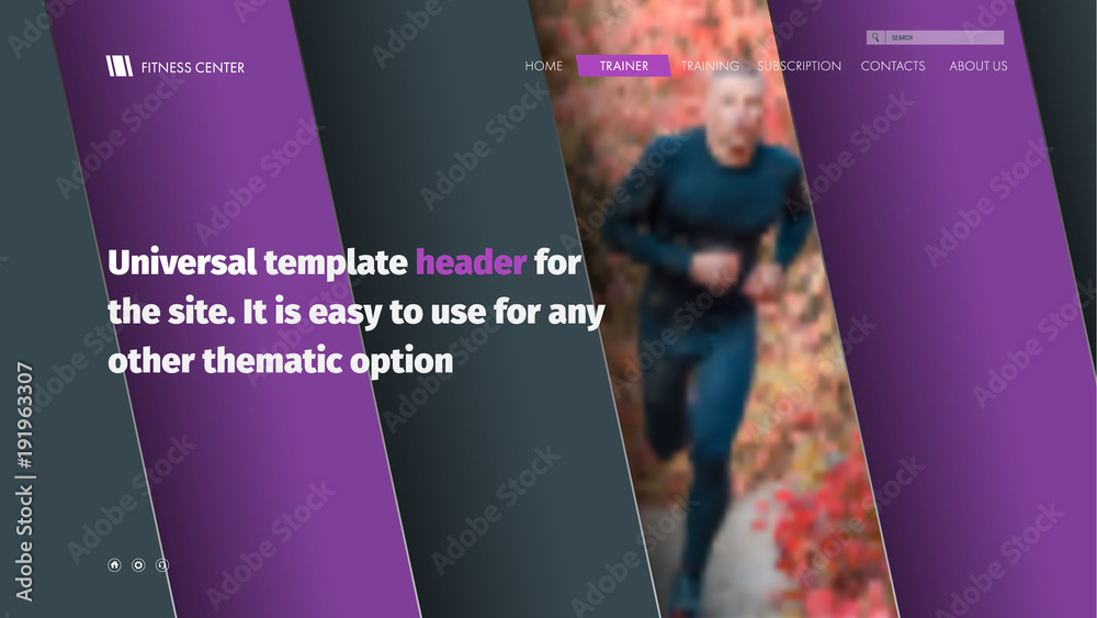 Poster Design site header with diagonal violet-black lines and photo.