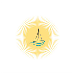 Yacht logo vector illustration with  water wave on the background, travel agency concept