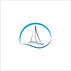 Yacht logo vector illustration with  water wave on the background, travel agency concept