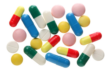 pill capsule isolated on white background. Top view. Flat lay