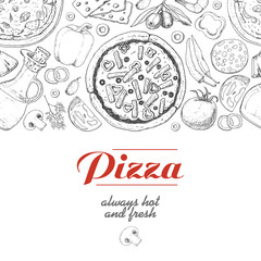 Horizontal background with pizza and various products