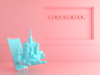 Pastel  St. Basil's Cathedral with smartphone .Love travel Paris concept.3d render.minimal pastel style