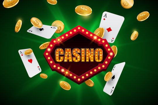 Casino banner with falling gold coins and aces on abstract green background