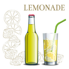 Bottle of lemonade and a glass on the background of a sketch of a lemon and ice, an illustration for a menu