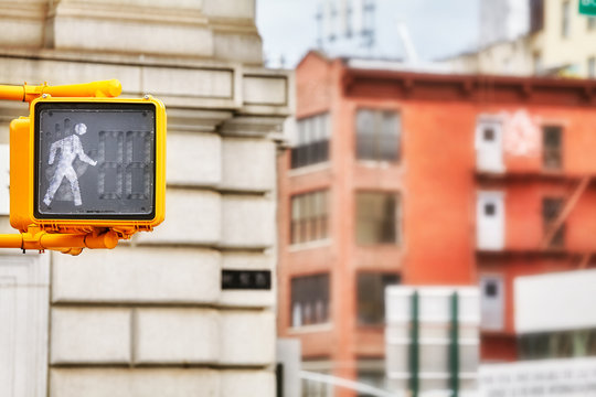 Close Up Picture Of A Walk Pedestrian Traffic Signal, Selective Focus, New York City, USA.