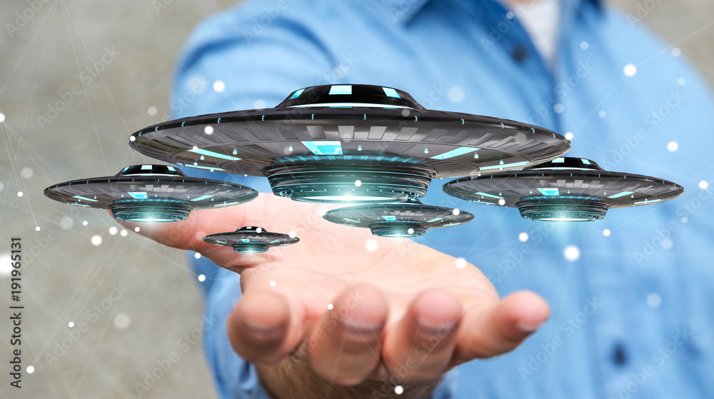 Aufkleber businessman with retro ufo spaceship 3d rendering
