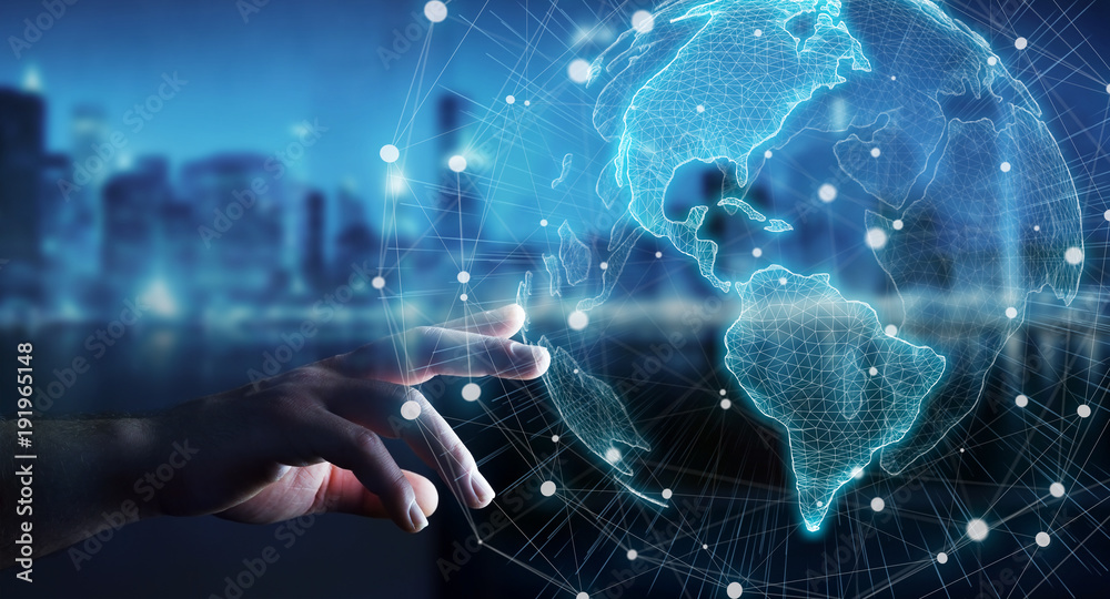 Poster Businesswoman using USA world map interface 3D rendering