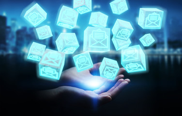 Businesswoman using floating cube emails 3D rendering