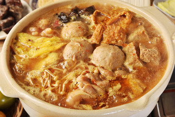 Taiwan popular cuisine, Spicy hot pot soup with wide variety of ingredients.