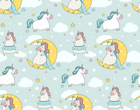Cute  unicorn seamless pattern. Cartoon illustration. Doodle art of magic creature. Can be used for baby clothes, wallpaper, kids wear, wrapping paper