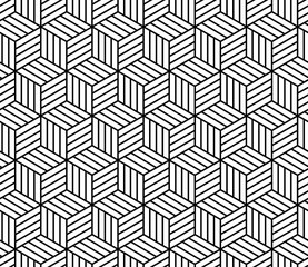 Abstract striped cubes geometric seamless pattern in black and white, vector