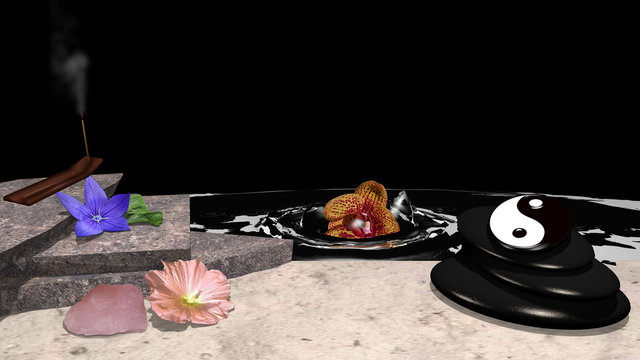 verschiedene Blumen, Räucherstäbchen, Steinhaufen aus Bimsstein, yin und yang Symbol, Rosenquarz und eine Orchidee die im Wasser versinkt vor schwarzem Hintergrund. 3d render