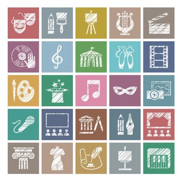 Culture and art, icons, shading pencil, white, color, vector. Leisure and cultural activities. Cultural events and the attributes of art. Flat, square icons. Vector picture. 