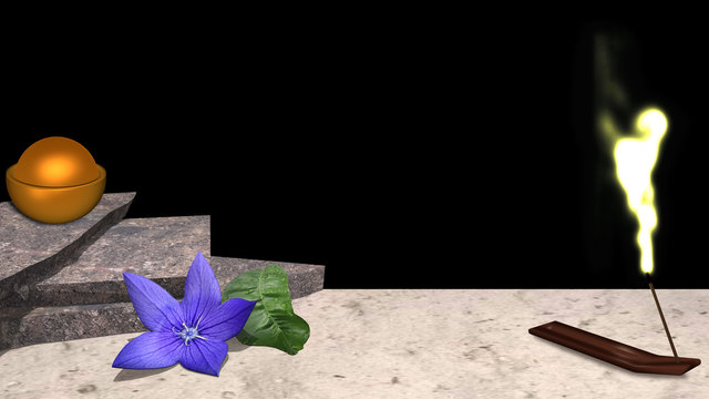 lila Blüte mit Orangenblatt, Steinplatten auf denen eine Schüssel mit goldener Kugel steht und ein Räucherstäbchen mit golden leuchtendem Rauch vor schwarzem Hintergrund. 3d render