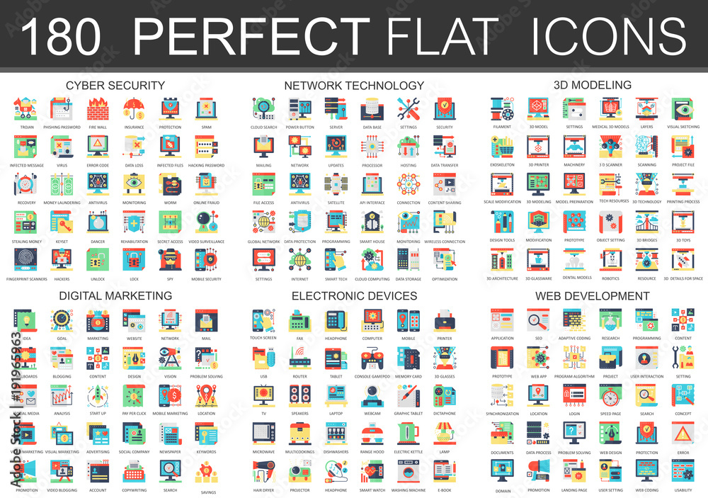 Poster 180 vector complex flat icons concept symbols of cyber security, network technology, web development