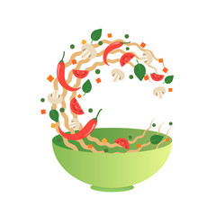 Stir fry vector illustration. Flipping Asian noodles with vegetables in a green bowl. Cartoon flat style