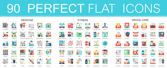 180 vector complex flat icons concept symbols of medicine, sport fitness, dental care. Web infographic icon design.