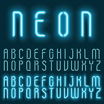 Realistic vector neon alphabet. Bright glowing letters font on the transperant background.
