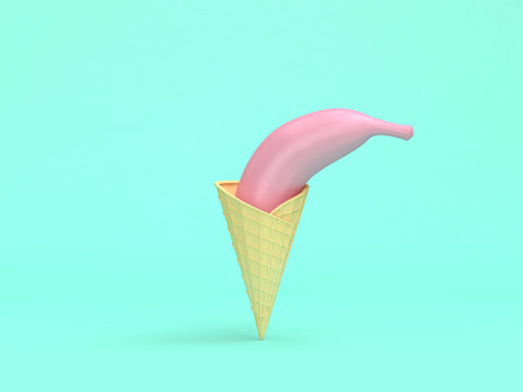 abstract pink ice cream banana minimal green background 3d rendering