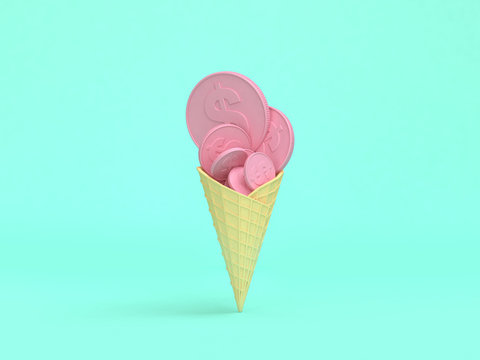 abstract pink ice cream coin dollar minimal green background 3d rendering