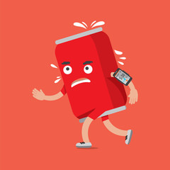 Cola Can On The Run With Smartphone Health Concept Cartoon Character Vector Illustration