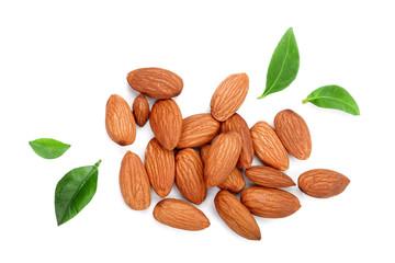 almonds with leaves isolated on white background. Top view. Flat lay
