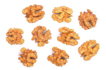 walnut kernels isolated on white background. Top view. Flat lay
