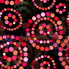 Abstract seamless pattern with colorful hand drawn circles in a mosaic style on dark background
