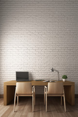 White Bricks wall with modern working desk. 3D Rendering