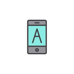 Smartphone with letter A filled outline icon, line vector sign, linear colorful pictogram isolated on white. Mobile writing symbol, logo illustration. Pixel perfect vector graphics