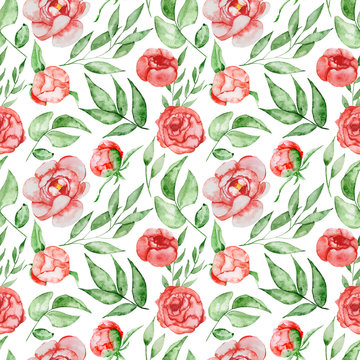 Seamless Pattern With Red Watercolor Flowers And Leaves. Peonies Blossom