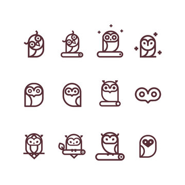 Owl outline icons collection. Set of outline owls and emblems design elements for schools, educational signs. Unique illustration for design.
