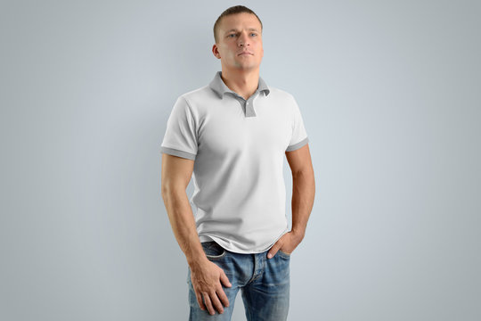 Stylish man in the blank polo shirt, front view. Mockup for your design.