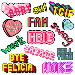 Vector set of cartoon colorful phrases, words: "fam", "swag", "savage", "werk", "hbic", "woke", "baby",etc. Fashion patch badges, pins, stickers. Slang acronyms and abbreviations. 80s-90s comic style.