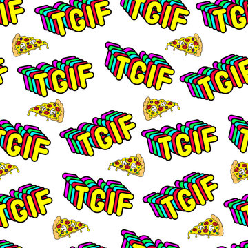 Seamless pattern with patches with words "TGIF" (the acronym for "Thank God it's Friday") and pizza slices. White background. Modern illustration. Cartoon comic style of 80-90s.
