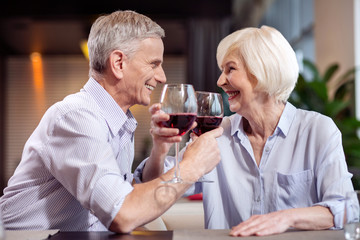 Romantic time. Optimistic happy mature couple drinking wine while spending time together and laughing