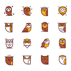 Owl outline icons collection. Set of outline owls and emblems design elements for schools, educational signs. Unique illustration for design.